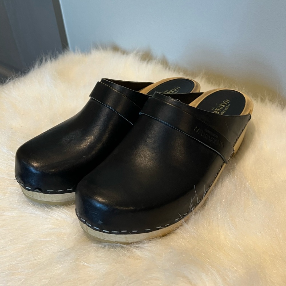 Swedish Hasbeens Black Leather Clogs